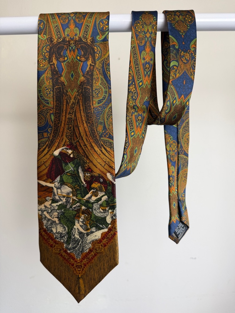 Gianfranco Ferre Paisley & Art Scene Silk Tie in Blue, Gold, Green & Brown